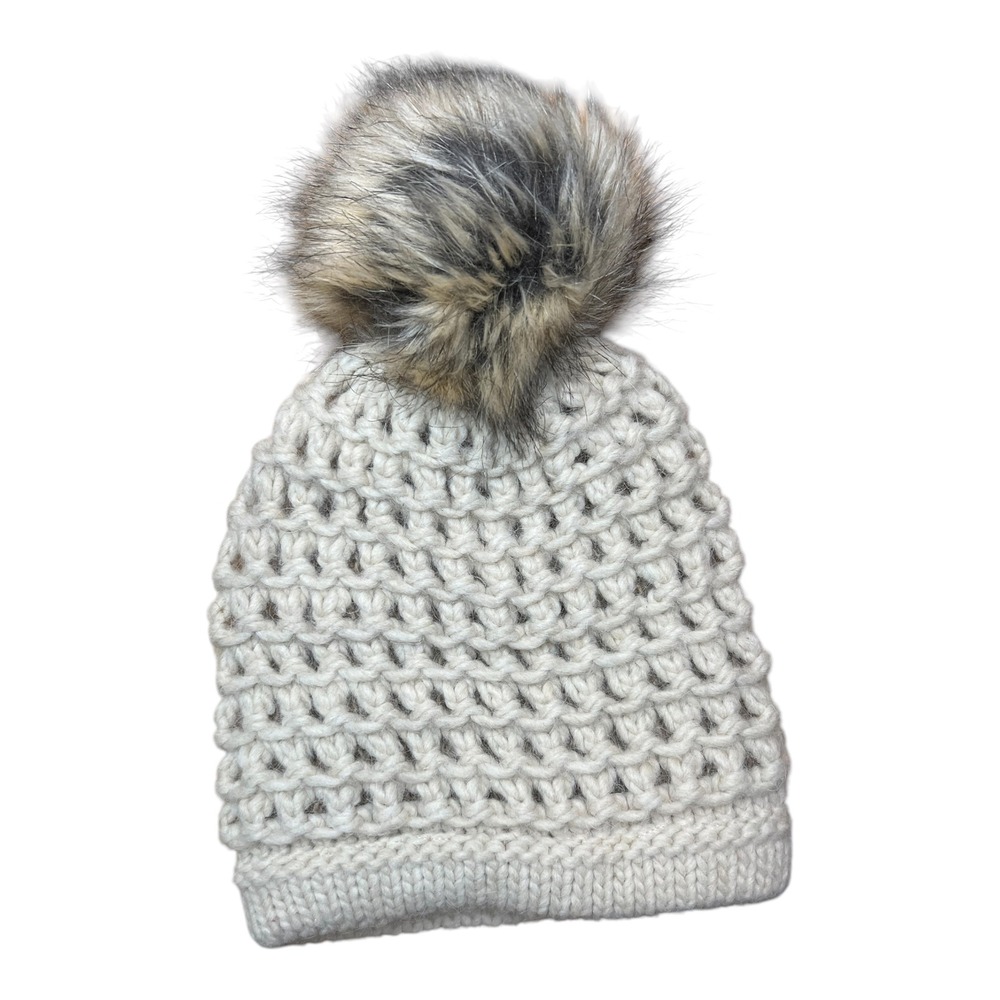 Nardi & Tagliaferri Beanie Women Cream Chunky Knit Faux Fur Pom Pom - OS